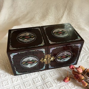 Vintage Asian Folding Jewelry Box. Mother of Pearl Cranes, Butterflies, Other Inlaid Designs. Four Drawer Jewelry Box. Red Flocked Lining.