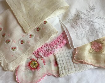 Vintage 7 Pink and White Linen, Cotton and Silk Hankies. Embroidery, Crocheted and Lace Edge, Pulled Threads, and Overall Pattern Hankies.