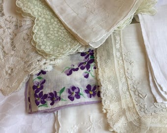 Vintage 7 Purple, Green and White Hankies in Linen and Sheer. Battenberg Lace, Embroidery, Pulled Thread, Overall Floral and Flocked.