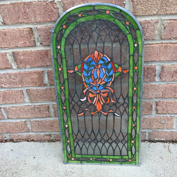 Vintage Stained Glass Orange Blue Medallion, Green Double Row Border. Lovely Wall Hanging or Hang in a Window. Identical Sides.