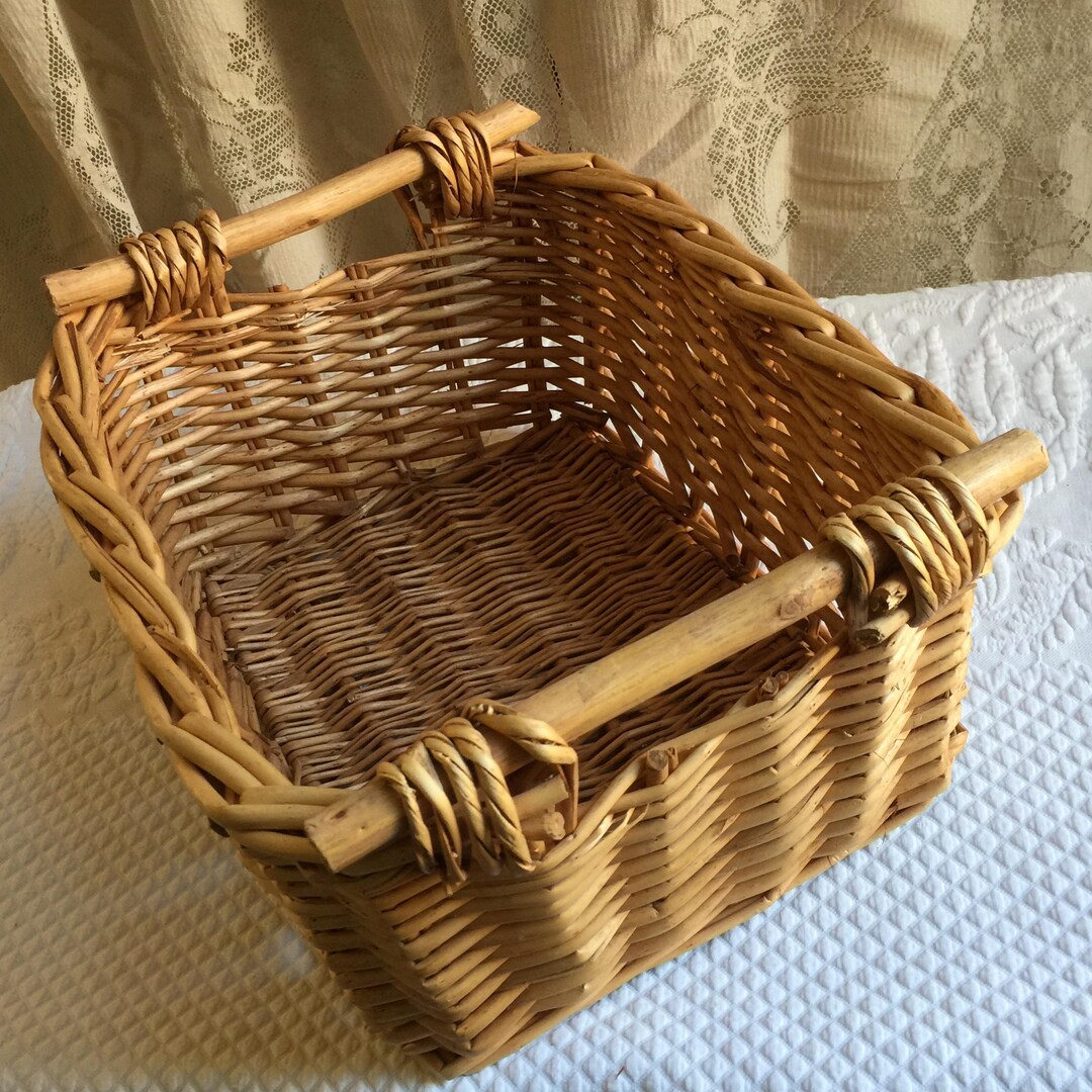 Vintage Round Reed Woven Rectangular Basket With End Wood Handles ...
