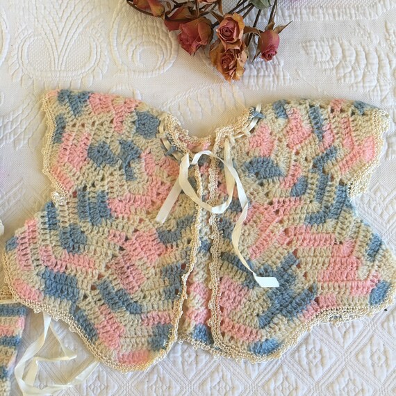 Vintage Newborn Crochet Sweater Hat and Bootie Se… - image 4