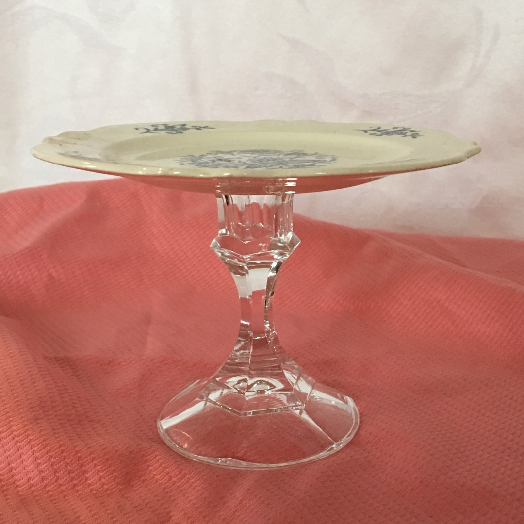 Vintage Pedestal Plate for Serving or Collecting Trinkets. Blue and White Scalloped Edge Plate