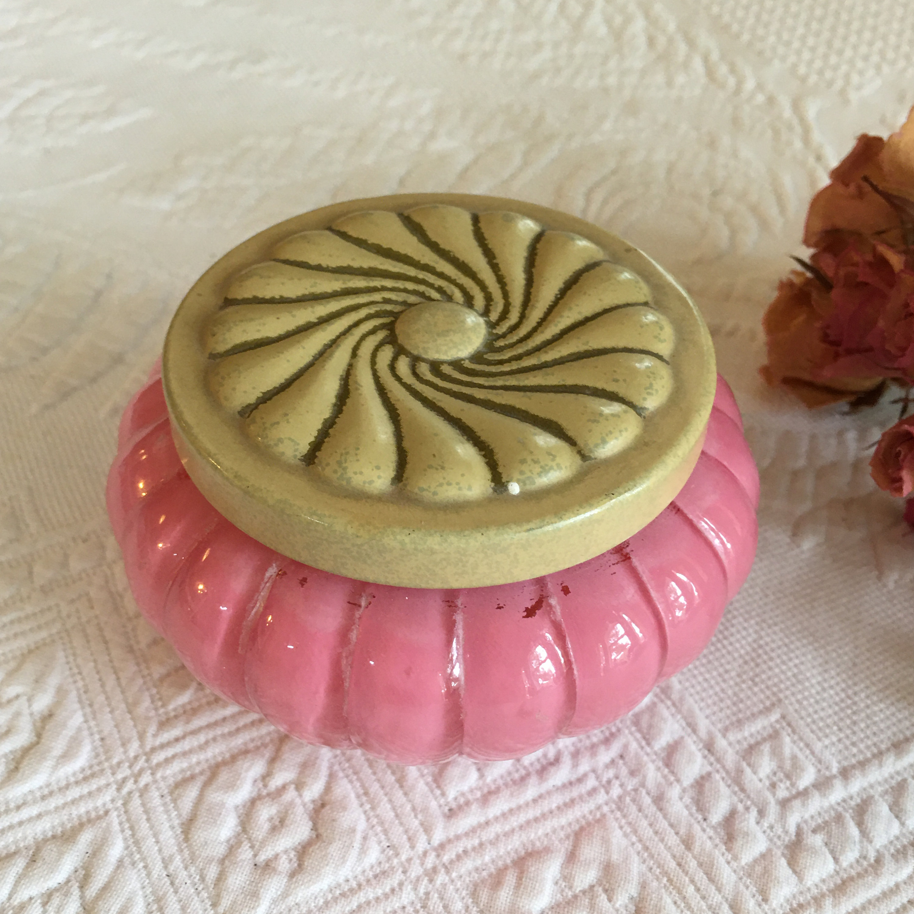 Vintage Pink Glass Dresser Dish With Floral Design Lid Design Etsy