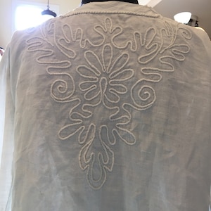 Victorian Linen Blouse With Couched Back Design, Front Tucks, Couched Sleeve Design. Tiny Mother of Pearl Buttons. Hand Made Blouse.
