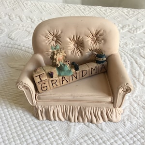 Vintage 1990 Jan Hogaro Composite Stuffed Loveseat with I Love Grandma Sign, Doll and Cookie Jar. Charming Gift for Grandma or In Memory.