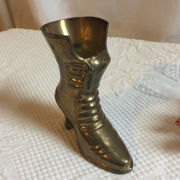 Vintage Art Brass Victorian Boot Shoe with Victorian Detaining. Use as a Pencil Box on a Lady's Desk or Use to Hold Flowers or Feathers.