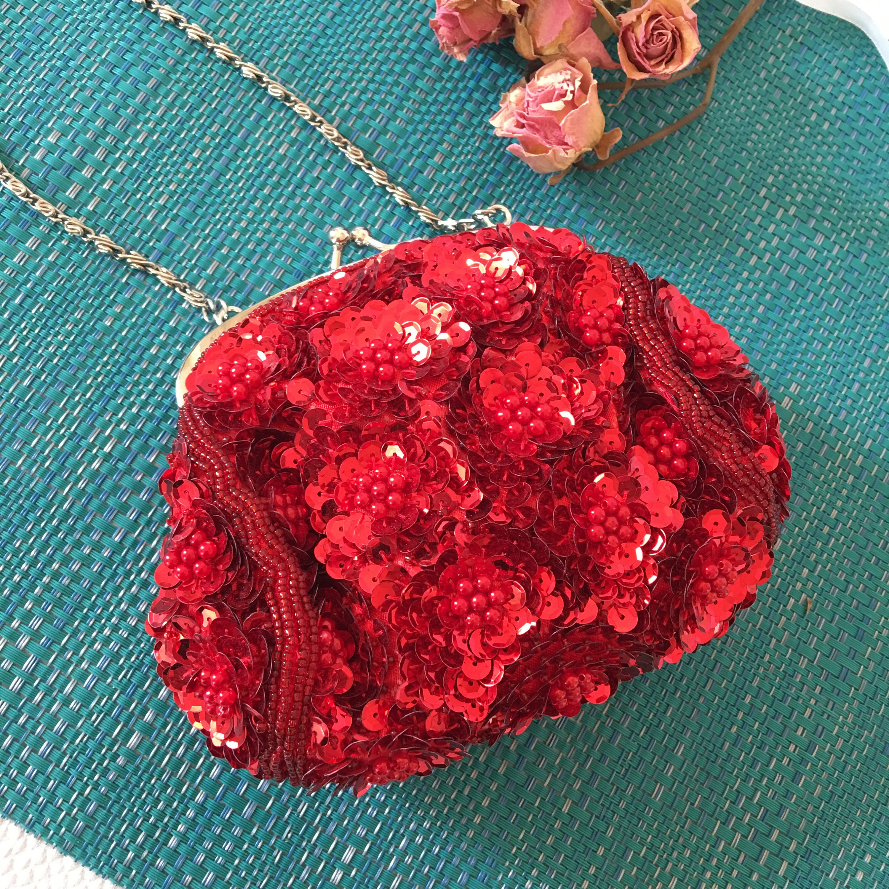 Vintage Red Sequin Purse. Red Beads and Sequins in Flower Shapes All Over Evening Bag. Four Rows of Seed Beads on Sides. Red Lining. Etsy