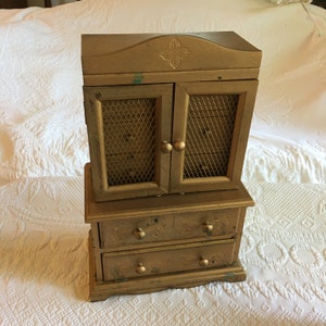 Vintage Jewelry Dresser Etched Swirl Designs on Front of Drawers. Red Corduroy Velvet Lining. Flat Gold Painting, Step-Back Style Cupboard.