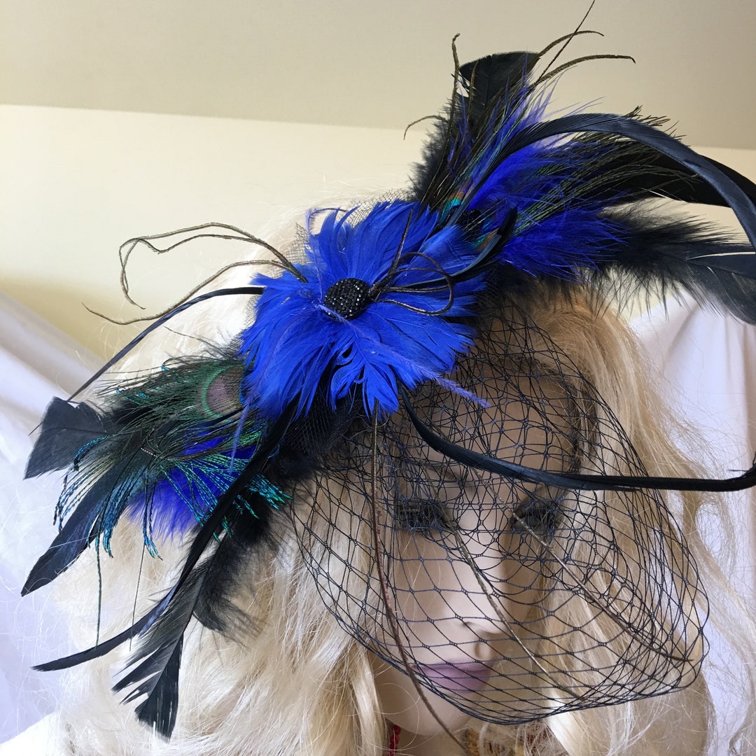 Fascinator Hat, Royal Blue Feather Flower, Peacock Eye, Rooster Coque