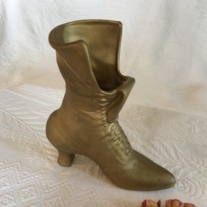 Vintage Ceramic Victorian Boot Shoe in Flat Gold with Ties Up Front and Tongue Laying Down the Front. Great for a Vase.