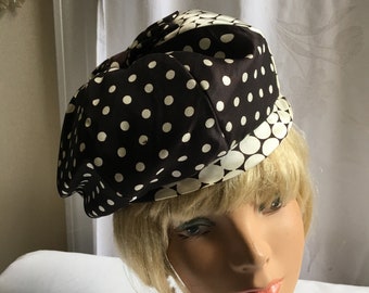 Vintage 1960s Betmar Glam Beret Tam Hat. Eight Section Polka Dotted Hat with Knotted Bow on Top in Black and White.