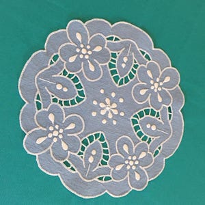 Vintage Blue Linen Round Doily with Embroidery and Openwork with Buttonhole Stitched Flowers and Edging.