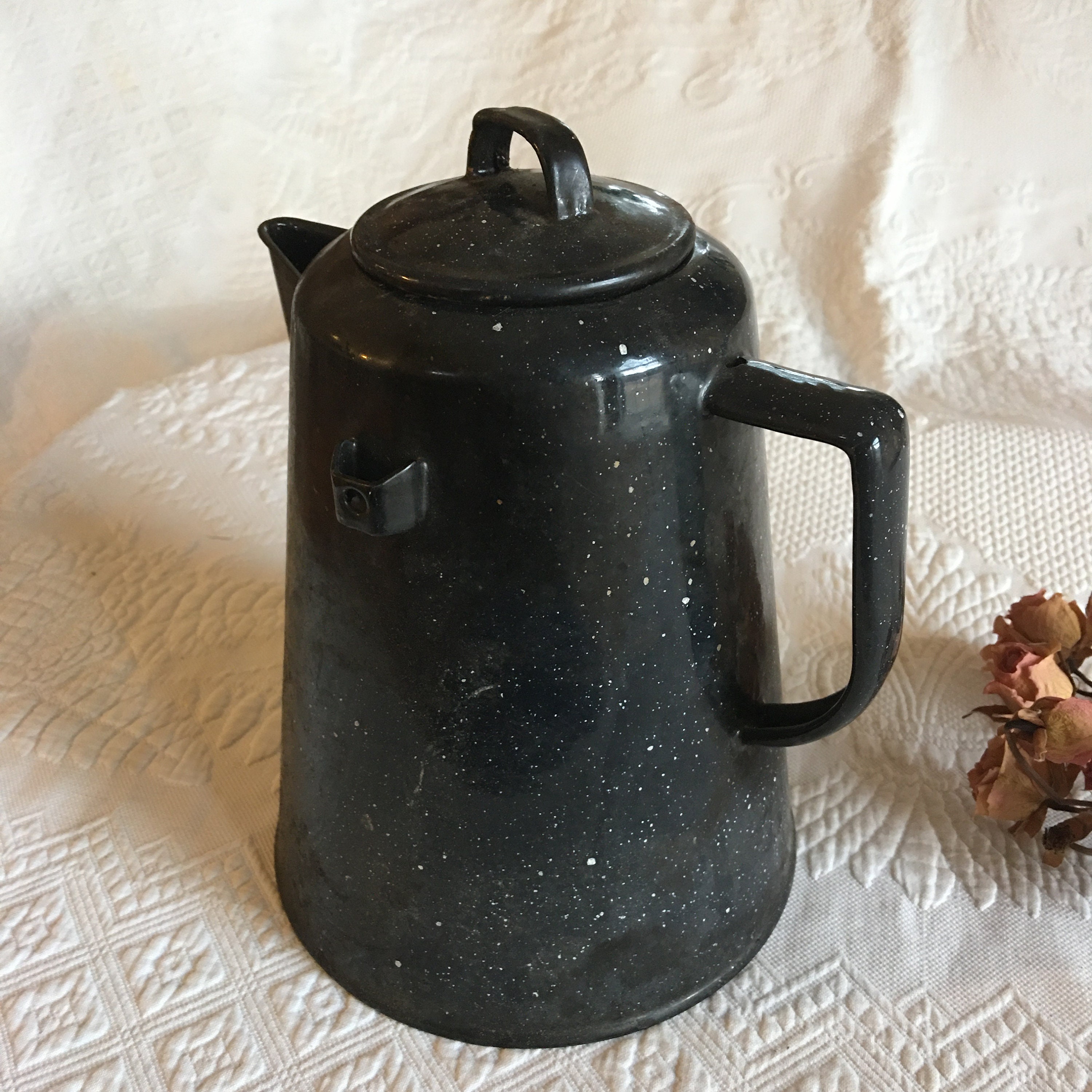 Vintage Enamelware Coffee Pot. Black Enamel With White Specks. | Etsy