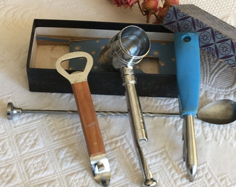 Vintage Mr. Bar Laddie No. BLJ-26 Bartender's Set Plus Pieces. Can Openers, Barrel With Handle for Measuring, Long Stirring Spoon.