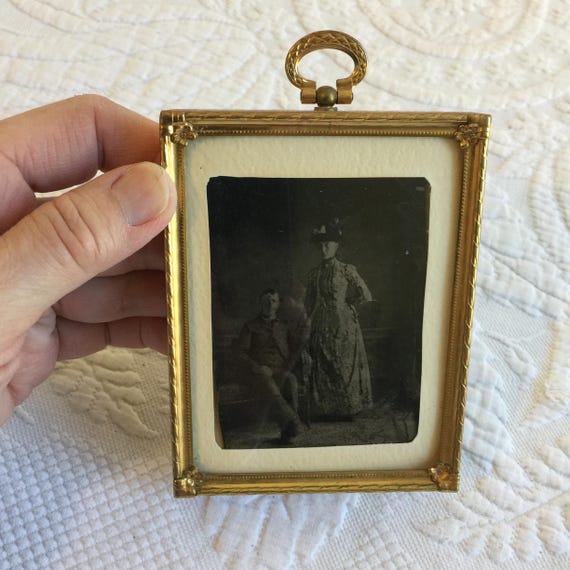 Victorian Convex Glass Gold Rectangular Metal Frame With Tin Type