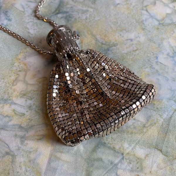 Vintage Silver Metal Mesh Purse Necklace with Expanding Neck Opening. Snap Down Lid to Hold Neck in Place. Braid Twist Chain.