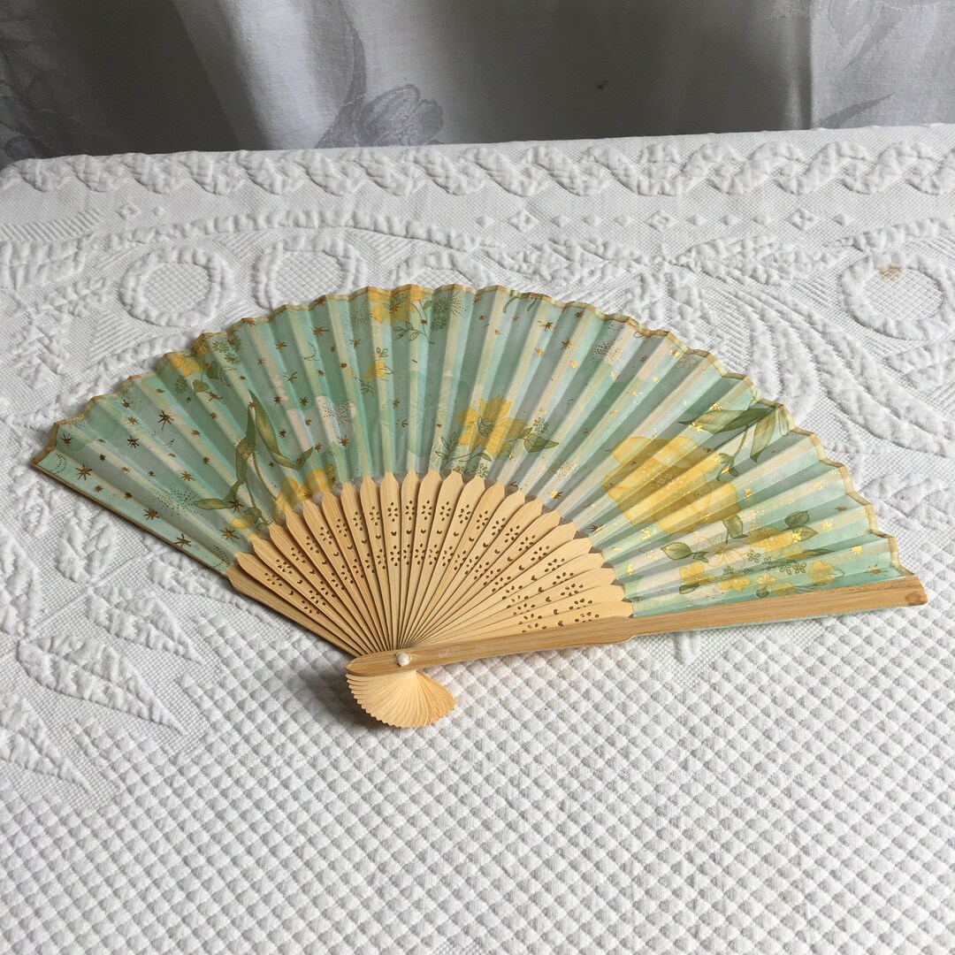 Silk and Wood Hand Fan. Openwork Design on Wood With Floral Designs and ...