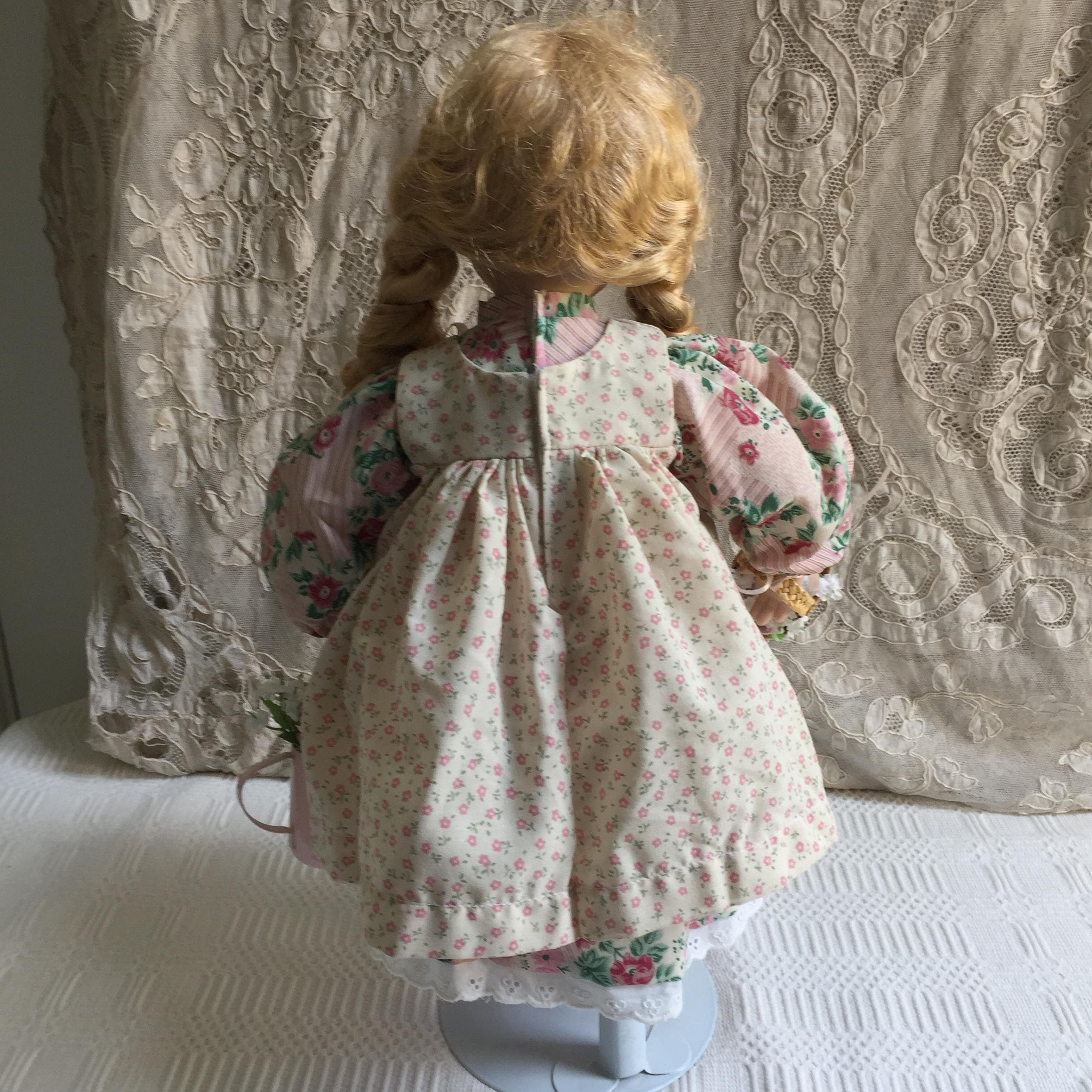 Vintage Porcelain and Fabric Stuffed Doll With Flower Basket and