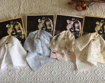Vintage Handkerchief Greeting Card. Choose Your Card and Hankie. Exquisite Hand Worked Handkerchiefs. Great for Wedding or Any Time.