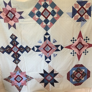 Handmade 9 Beautiful Blue and Pink Quilt Blocks Designed by Linda Pool. Pieced and Assembled With Small Print Into 50&quot; X 52&quot; Wall Hanging.
