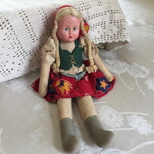 Vintage 1950s Polish Stuffed Doll with Traditional Dress and Long Blonde Braids. Paper Mache Face with Age Cracks. Marked Poland.