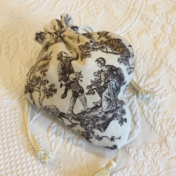 Handmade Toile Reticule Regency Purse. Drawstring Cord, Cotton Fabric Reticule with White Silk Lining. For Costuming or Prom.