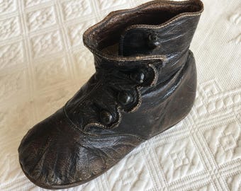 Antique Victorian Black Leather Baby Shoe with 4 Buttons on Scalloped Pull to Side Flap. Great for a Display.