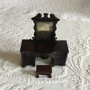 Vintage Mini Dresser for Doll House. Brown Plastic Dresser with Aged Mirror, Brown Stool. Great for Doll House.