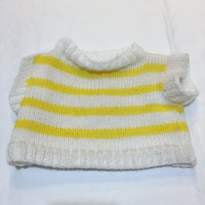 Vintage Acrylic Teddy Bear Large Sweater. Yellow and White Striped Knitted Sweater w/ Cap Sleeves and Stand-Up Neck. All Edges Ribbed.