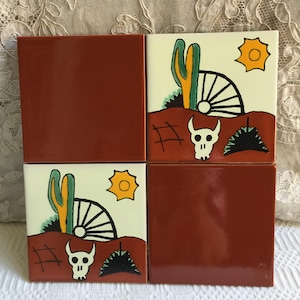 Bill Botts Tile Trivet in Southwestern Theme. Cactus, Wagon Wheel, Skull and Sun Designs in Terra Cotta Brown Color Tiles. Wood Backing.