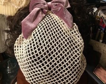 Handmade Off White Hair Net Snood With Velvet Bow. Cover Big Hair with Off White Snood. Choose Bow Type and Color. Civil War Costuming.