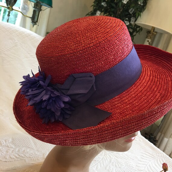 Vintage Betmar New York Red Fedora Straw Hat. Purple Silk  display picture 1