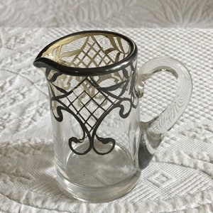 Vintage Silver Plate Overlay on Clear Glass Cream Pitcher. Charming Little Pitcher. Very Old Silver Plate Cream Pitcher.