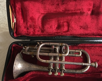 Antique 1900 Cornet C. Bruno and Sons, Inc Special Grade, New York, Also Austria Marking. Silver and Brass W/ Fancy Etched Patterns. B & F.