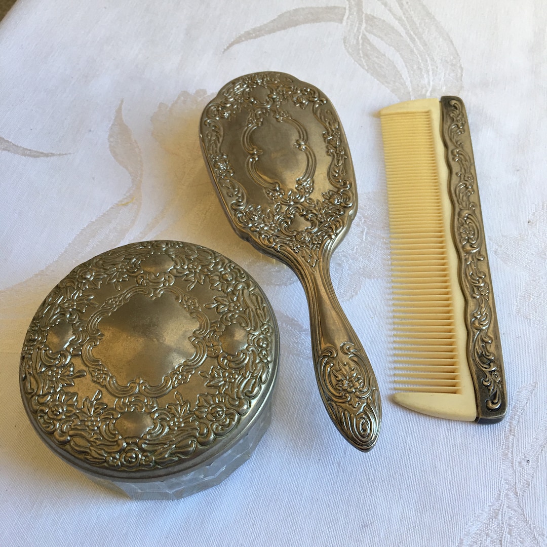 Vintage Silver Plate Dresser Set. Powder Jar, Brush and Comb. Clear