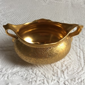 Vintage Famag Bavaria Bowl with Embossed Gold Floral Gold Surface. End Handles. Smooth Gold Inside and Handles.