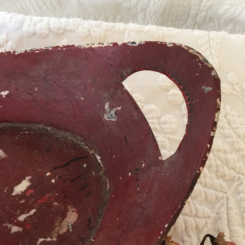 Rustic Construction Vintage Hand Made Oval Tin Container Painted Red Cut Out Handles on Ends Primitive Centerpiece Bowl.