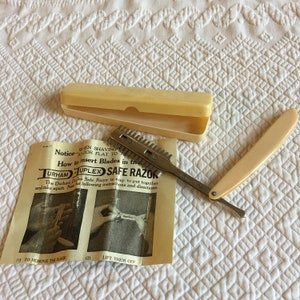 Antique Celluloid Straight Razor with Instruction Sheet. Durham Duplex Safe Razor. Guard on Razorblade. Case for Straight Razor.