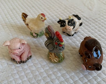 Vintage 5 Miniature Porcelain Animal Farm Animal Figurines. Cow, 2 Pigs, Chicken and Rooster. Charming Little Animals for Miniature Display.