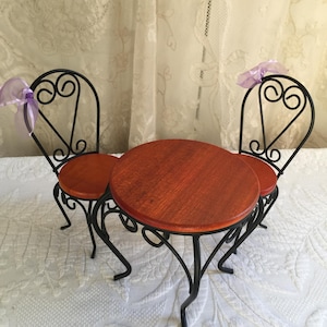 Vintage Wood and Wrought Iron Doll Table and 2 Chairs. Charming for a Shelf or Table Display with Dolls or Bears Tea Party.