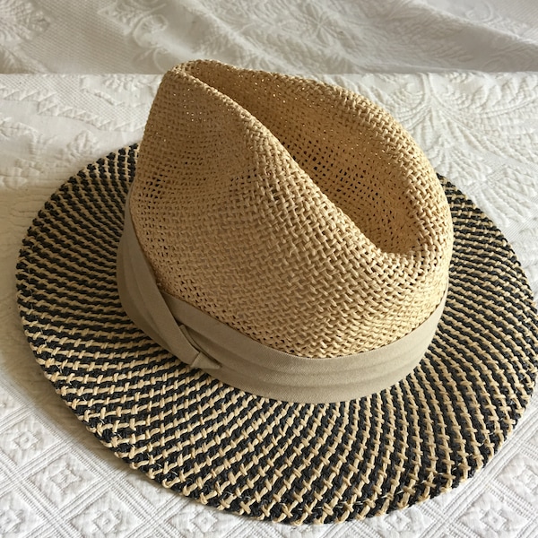 Vintage 100% Natural Mans Straw Sun Hat With Beige Three Fold Hat Band. One Size Hat w/ Elastic Inside Band. 2 Coloration Straw Hat.