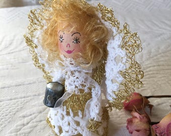 Handmade Lacey Angel. Angel from Lace White and Gold Doily. Angel With Wings Carrying a Watering Can.