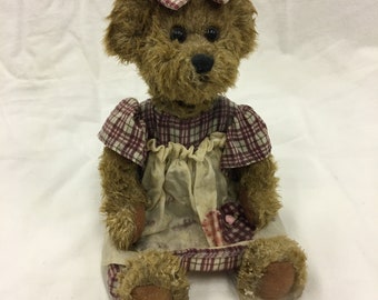 Vintage Waxed Bear. Stiffened Bear and Clothing for Permanent Display. Red and Cream Plaid Dress, Bow and Heart Pocket. Apron.