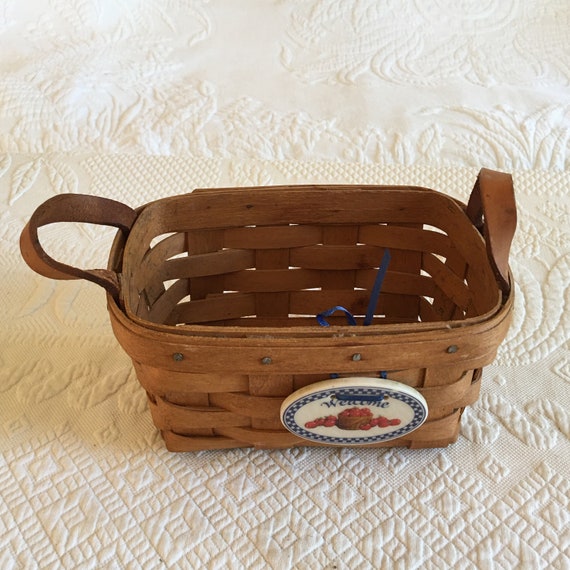 Vintage 1992 Longaberger Basket with Leather End Handles and Ceramic Welcome Medallion with Tomato Basket Pictured. Use to Hold Anything.