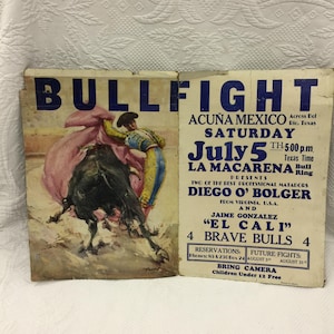 Cartel vintage de corrida de toros que anuncia una corrida de toros en Del Río, Texas, con cuatro toros bravos y dos matadores profesionales, uno de Virginia.