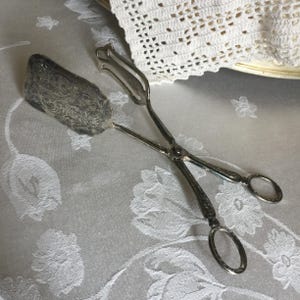 May include: Silver-plated serving tongs with an ornate design. The tongs have a flat, oval-shaped head and two long handles with a decorative pattern.