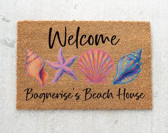 Beach Themed Personalized Doormat with Colorful Seashells, Coastal Welcome Mat, Nautical Home Decor