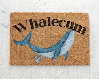 Whale Welcome Doormat, Nautical Beach House Decor, Watercolor Whale Entryway Rug