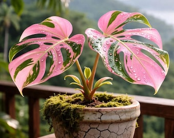 Monstera Deliciosa Tricolor Rosa / Planta de interior tropical variegada poco común / Hojas únicas / Decoración exótica